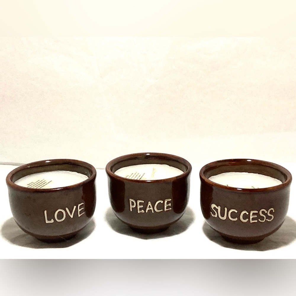 Brown Ceramic Candle Holders Set - Love, Peace, Success